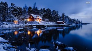 lake-winter-snow-cabin-house